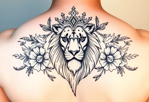 powerful majestic lion with a crown, surrounded by floral ornaments and birds tattoo idea