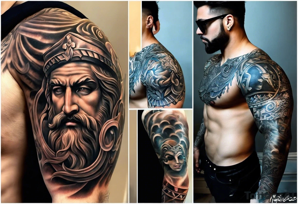 Im a businessman and I had a very long and hard time, chasing my dreams, not giving up, hard work, dedication, focus, heart broken, recovered, pushing hard, got broke and gained again. I like greek gods and I want a full sleeve tattoo exactly telling me the story of my life tattoo idea