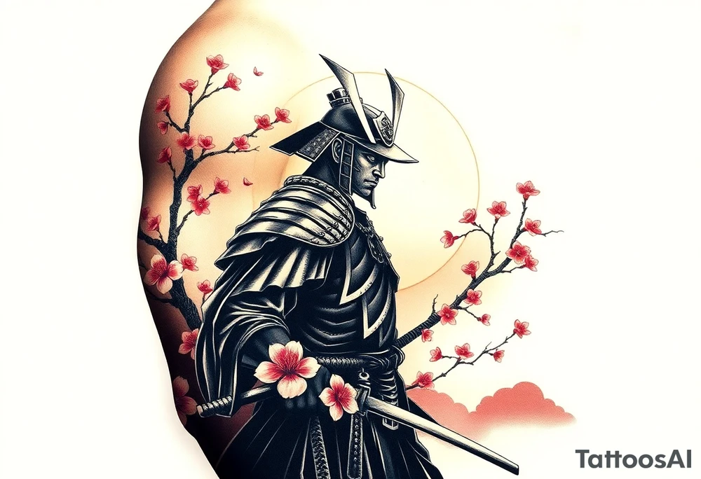 noble samurai warrior silhouette at sunset with cherry blossoms tattoo idea