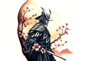 noble samurai warrior silhouette at sunset with cherry blossoms tattoo idea