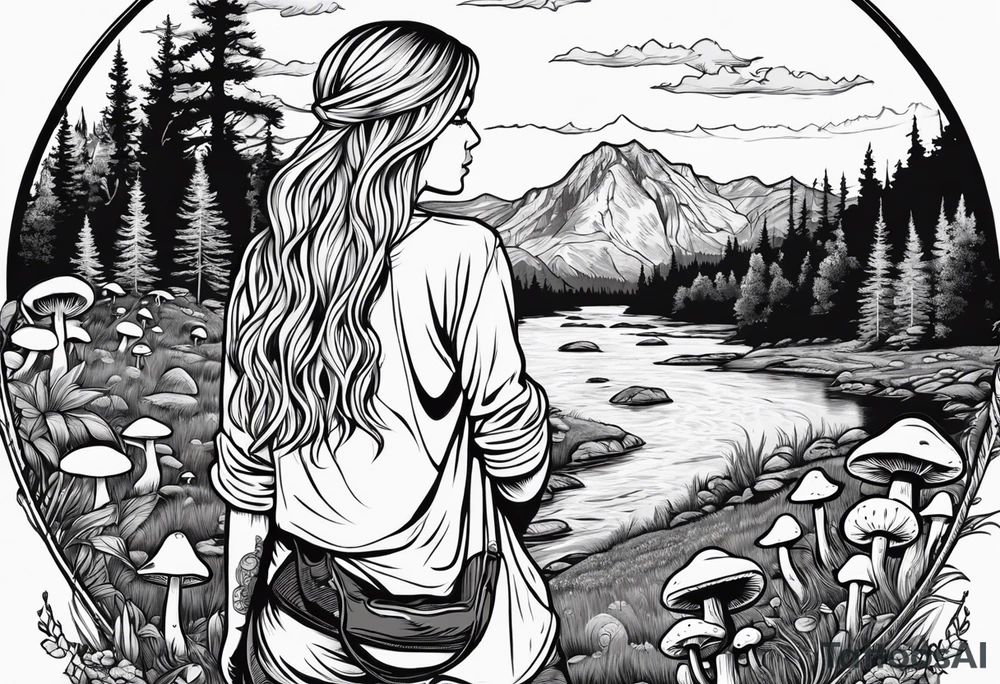 Whole picture encircled fully

Straight long blonde hair hippie girl in distance holding mushrooms in hand facing away toward mountains and creek surrounded by mushrooms long sleeve shirt and hiking pants; whole rendering within a full circle, no cut off circle tattoo idea
