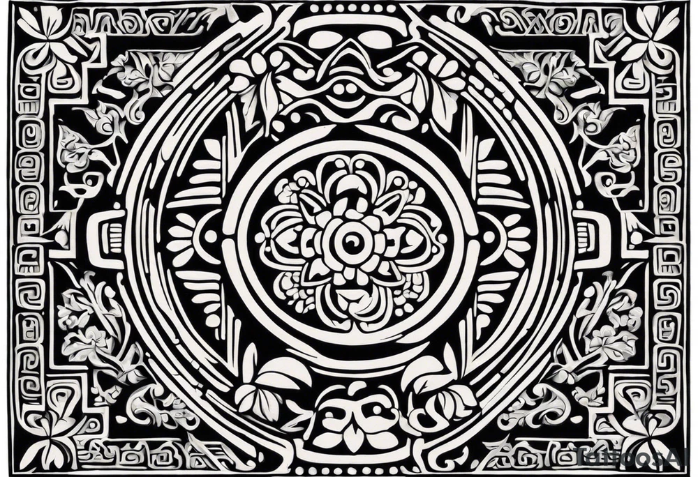 Create a masculine mayan tattoo design carved in stone featuring three flower buds of Gypsophila spp. The design should incorporate sharp, geometric patterns inspired by ancient Mayan glyphs and carvings, emphasizing strength and symmetry. The flower buds should be stylized with angular, bold lines, set within intricate, sacred Mayan motifs. The overall design should evoke harmony and balance, symbolizing the calming frequency of 432 Hz through symmetrical and flowing element tattoo idea