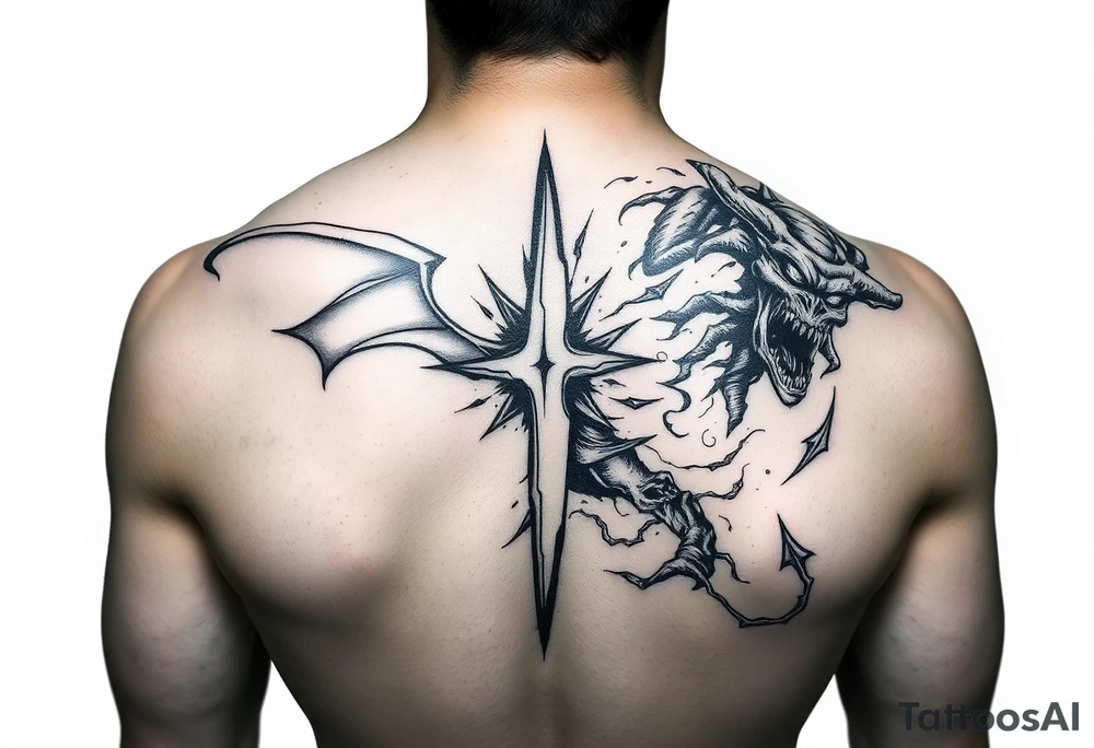 Battle for the souls, good on one side of body and evil on other , internal conflict, inner demons tattoo idea