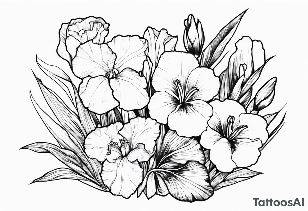 bouquet of biolet, primrose, and iris flowers tattoo idea