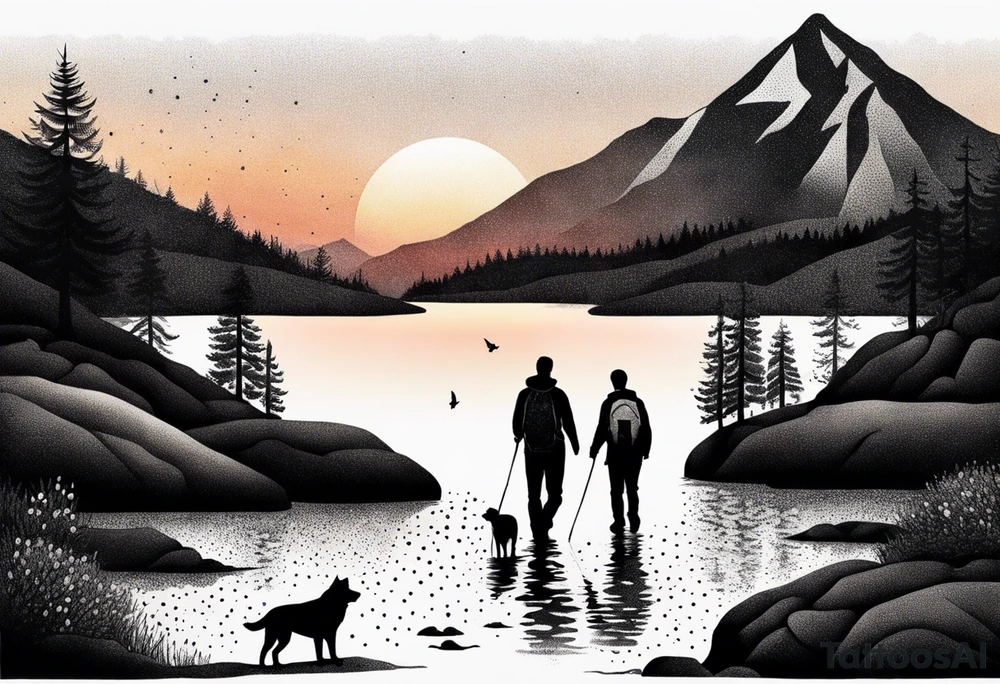 nature, sunset, mountains, a father and son hiking with their dog and cat 
by the water tattoo idea