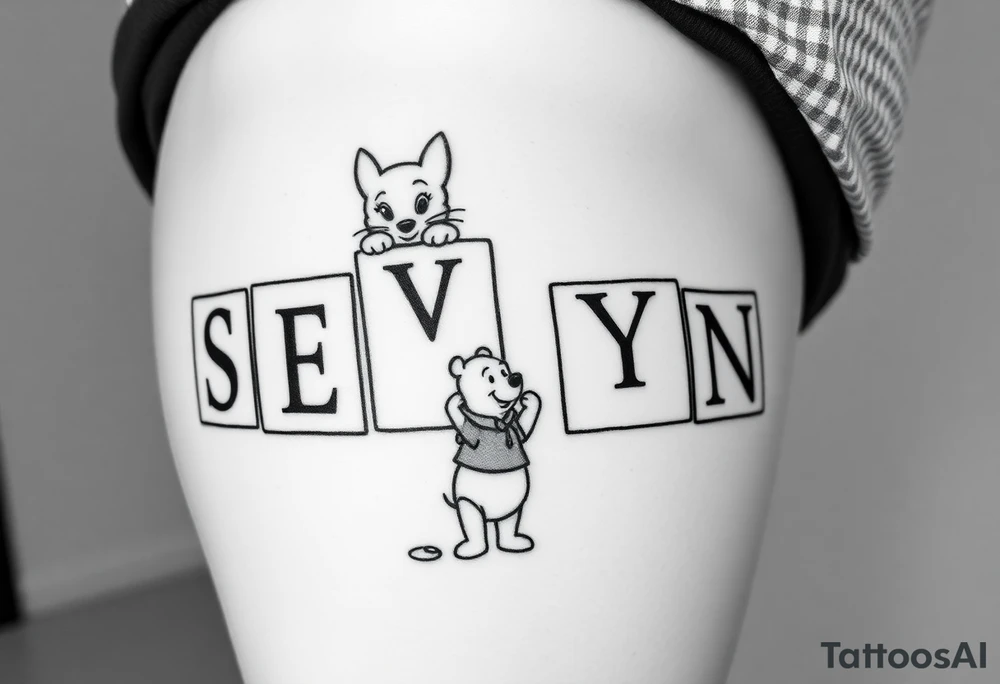 a thigh tattoo with alphabet blocks, but on the alphabet blocks, the name SEVYN is alternated on the sides of all five blocks and 07/14/25 is alternated on the sides of the blocks as well and on the top of the blocks Marie from the Aristocats peeking up looking showing her eyes, her bow on her head and her front pause and then on the bottom block then Winnie the Pooh standing on the ground, reaching up on the block for the honey that’s spilling off the side and on the left side not on the blocks to say 6 ounces 12 pounds 20 inches all lined up in a column going vertically starting with the 6 ounces 12 pounds and 20 inches in that order and then on the right side, not touching the blocks to say 3:51 AM. tattoo idea
