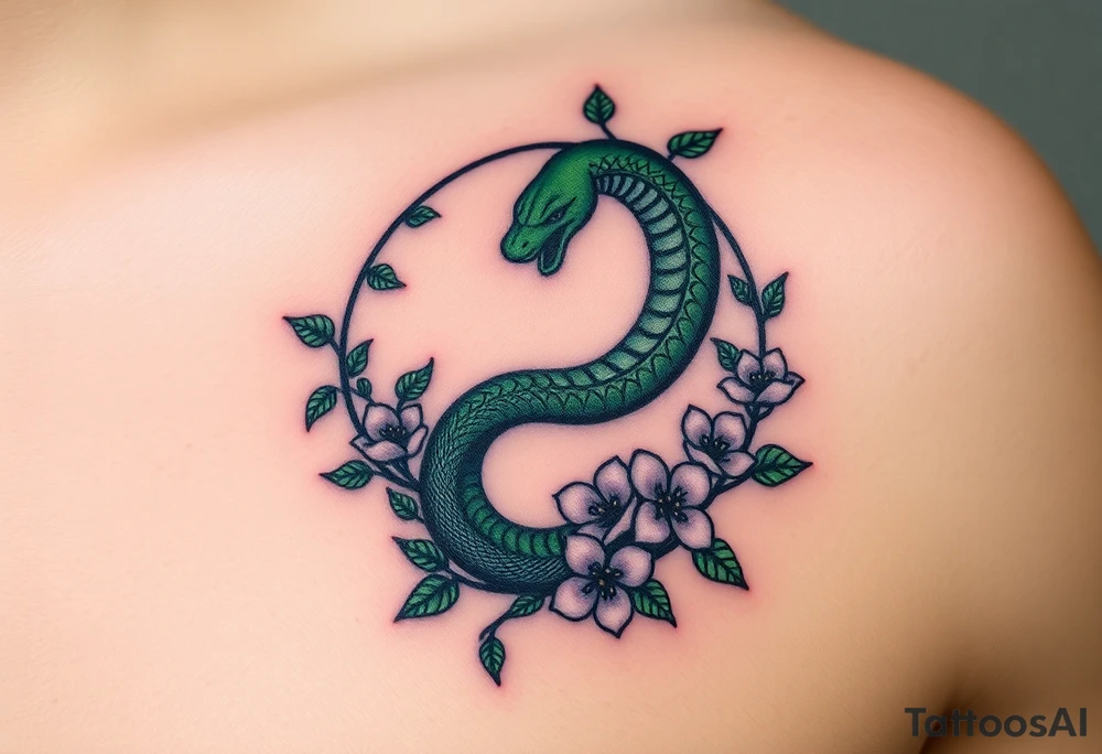 A dark green Ouroboros snake in cyrcle intertwined with vines and blooming flowers, symbolizing the cycle of life and growth. tattoo idea