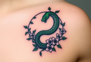 A dark green Ouroboros snake in cyrcle intertwined with vines and blooming flowers, symbolizing the cycle of life and growth. tattoo idea