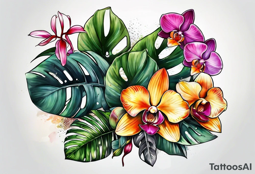Tropical foliage and orchids tattoo idea