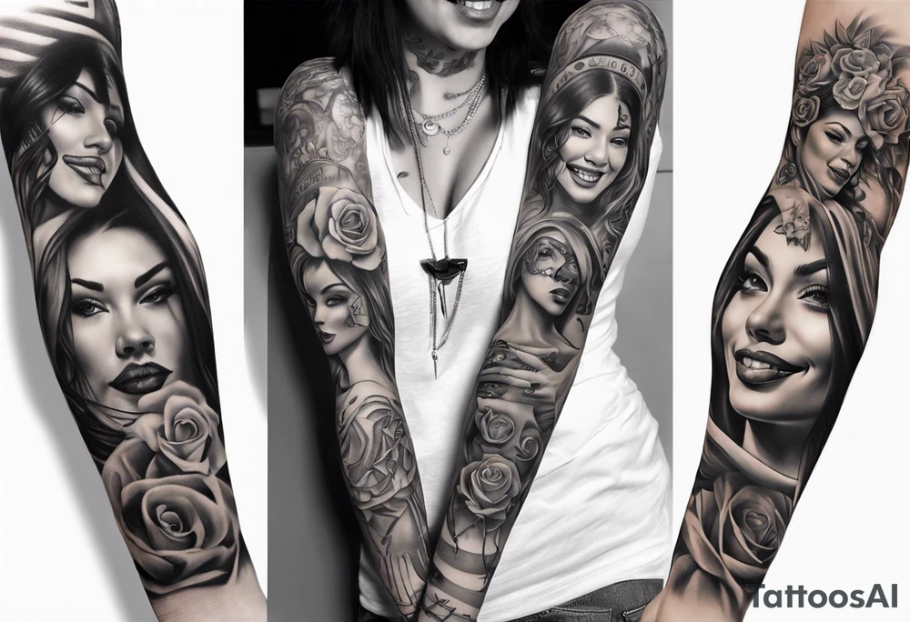 Chicano style woman smiling street photorealism arm sleeve tattoo idea