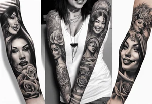 Chicano style woman smiling street photorealism arm sleeve tattoo idea