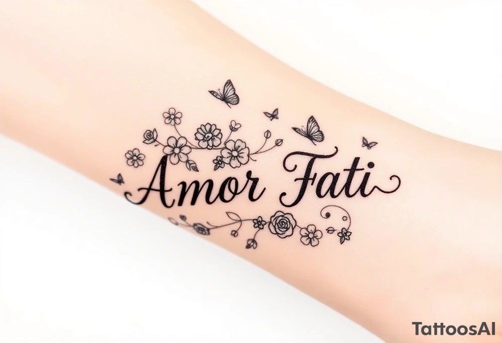 “Amor Fati” with small colorful flowers and birds and butterflies tattoo idea