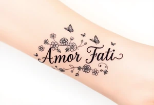 “Amor Fati” with small colorful flowers and birds and butterflies tattoo idea