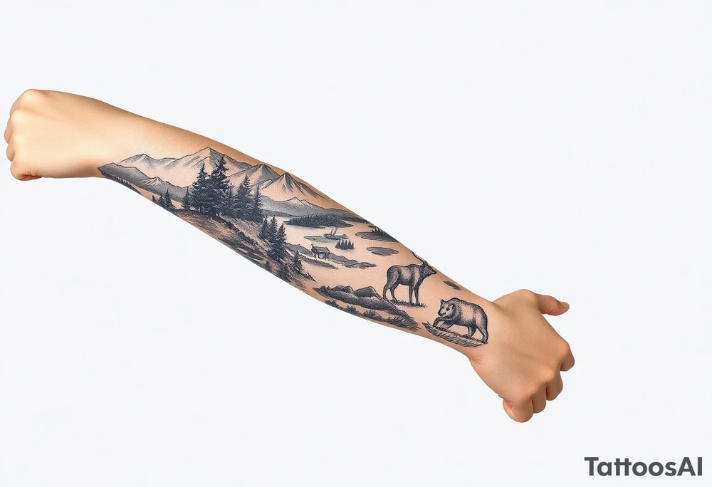 A full-sleeve with the Härjedalen landscape, reindeer, bear, lakes, mountains (Helags), tattoo idea