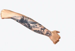 A full-sleeve with the Härjedalen landscape, reindeer, bear, lakes, mountains (Helags), tattoo idea