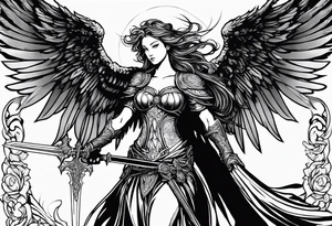 Angel with long sword atop a demon slain in single line tattoo idea