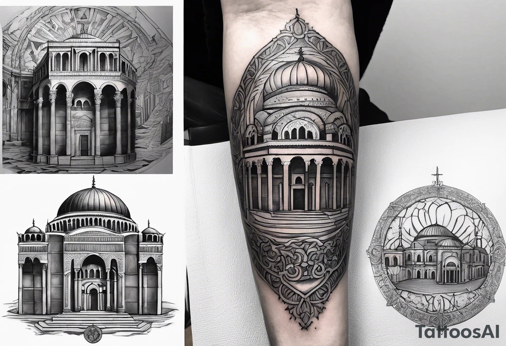 Crate a forearm tattoo. Theme is the byzantine empire. Include byzantine iconography, hagia Sophia, Constantinople, famous emperors like justinian, Constantine. tattoo idea