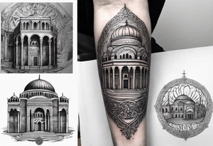 Crate a forearm tattoo. Theme is the byzantine empire. Include byzantine iconography, hagia Sophia, Constantinople, famous emperors like justinian, Constantine. tattoo idea