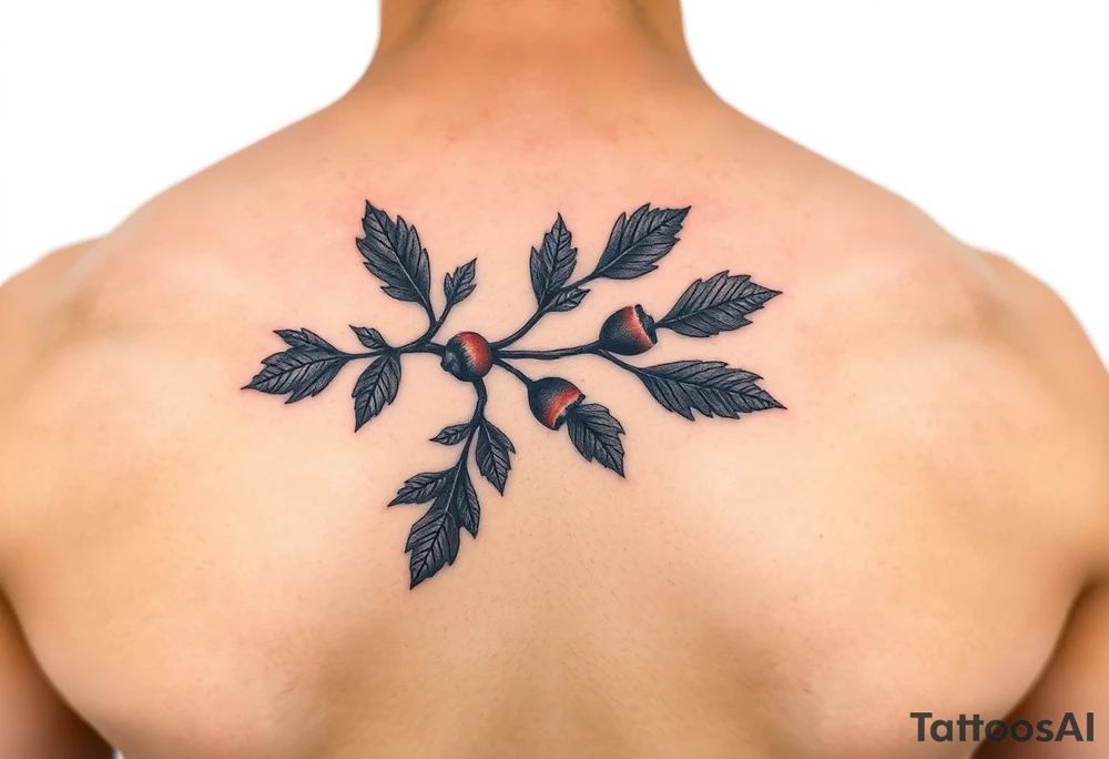 colored tattoo on the arm depicting an oak branch with acorns tattoo idea