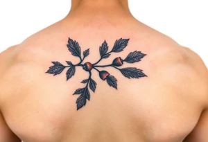 colored tattoo on the arm depicting an oak branch with acorns tattoo idea