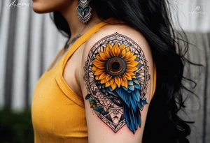 Sunflower forearm tattoo with owl with honeycomb background and mandala wrist wrap. Sunflowers and a bluejay tattoo idea