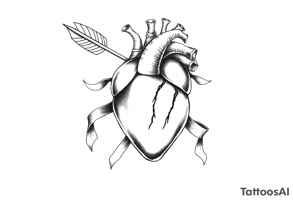 anatomical heart pierced by ornate arrow with flowing ribbons tattoo idea