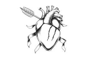 anatomical heart pierced by ornate arrow with flowing ribbons tattoo idea