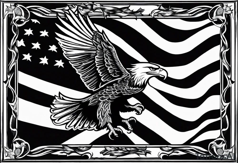 hanging flag with eagles flying unde tattoo idea