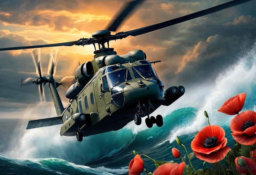 A cinematic-style tattoo depicting a Canadian military CH-148 Cyclone helicopter performing a daring maneuver over a turbulent ocean. The sky should be filled with dramatic clouds, and the sun should be setting, casting long shadows. The helicopter should be the main focus, with intricate details and a sense of motion. In the background, a poppy should be prominently displayed, and a quote from 'Lest We Forget' should be included, black and white tattoo tattoo idea
