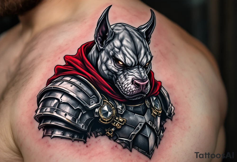 Battle-Ready Staffbull in Armor
Fantasy-style Staffbull wearing medieval armor and a red cape. Strong shading, deep blacks, and metallic silver tones. tattoo idea