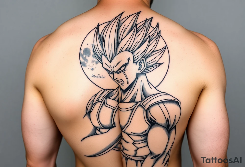 Majin vegeta with moon and oozaru background on right arm sleeve tattoo idea