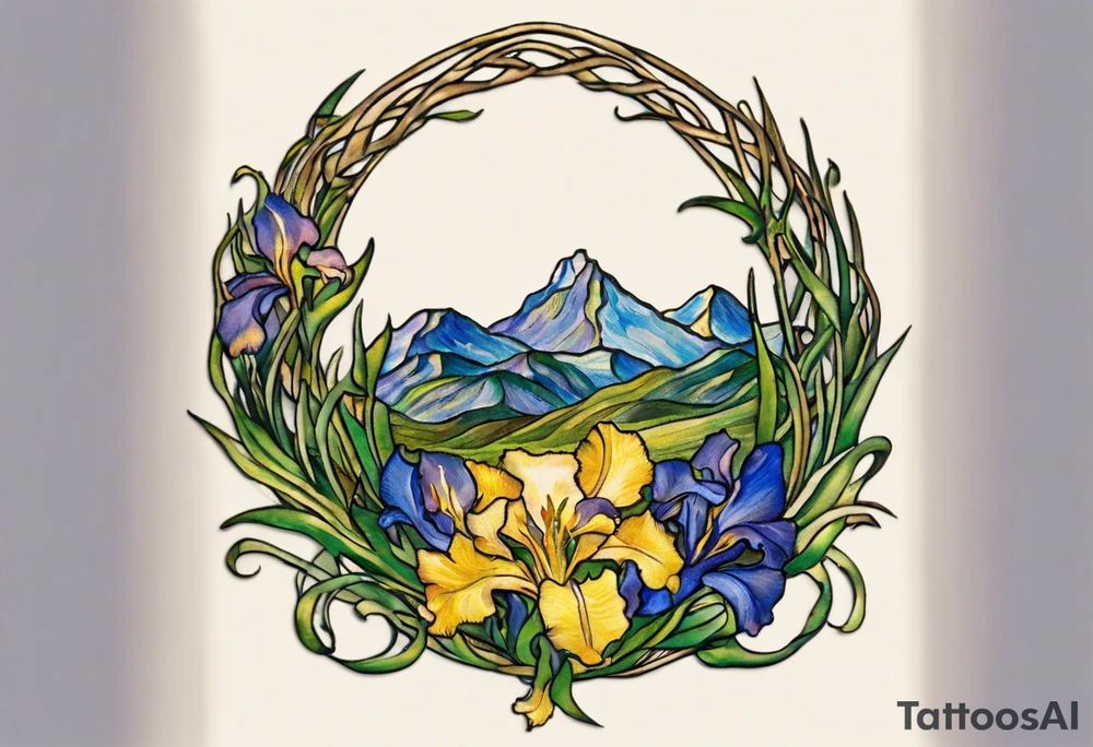Create a small, delicate colorful Vincent van Gogh Irises tattoo in the form of a crescent, with vines or Celtic knots gracefully intertwining at a central point in the middle of the wreath.  In the middle of the wreath are mountains and other items found in New Mexico. Ensure that the design avoids the appearance of a bush and maintains a more structured and deliberate arrangement. The intended placement is on the upper chest. The overall design should be small in size while maintaining a delicate and artistic aesthetic. Pay attention to the graceful flow of the vines and the placement of the irises to achieve a refined and elegant look. tattoo idea