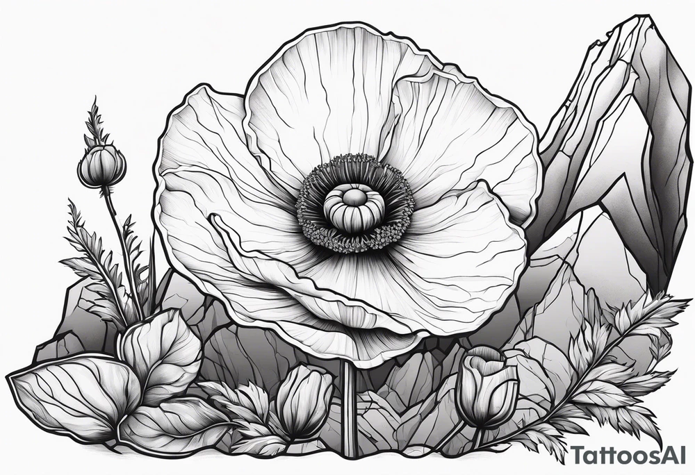 Rock formation protecting lone poppy flower tattoo idea