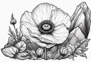 Rock formation protecting lone poppy flower tattoo idea