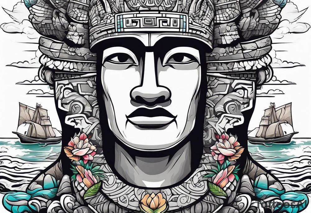 Upper arm piece of Easter island heads with an island landscape and hawk circling above tattoo idea