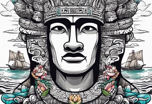 Upper arm piece of Easter island heads with an island landscape and hawk circling above tattoo idea