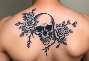 gothic skull intertwined with climbing roses and thorny vines tattoo idea