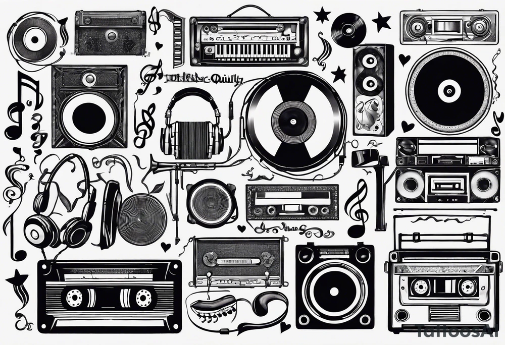 music notes surrounded by a record, a cassette tape, and saxophone parts tattoo idea