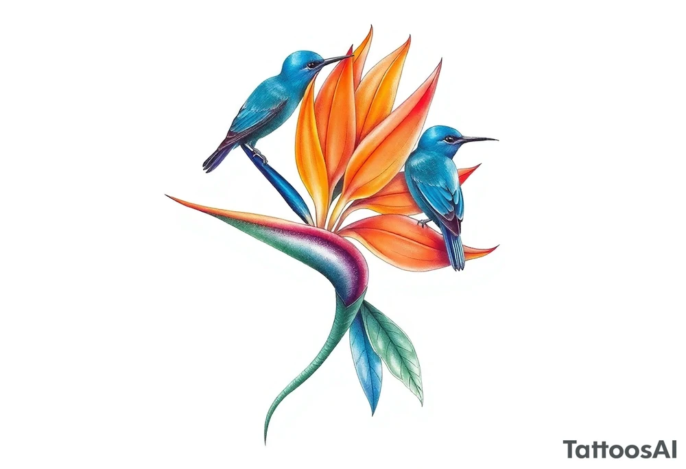 Bird of paradise flower with blue bird tattoo idea
