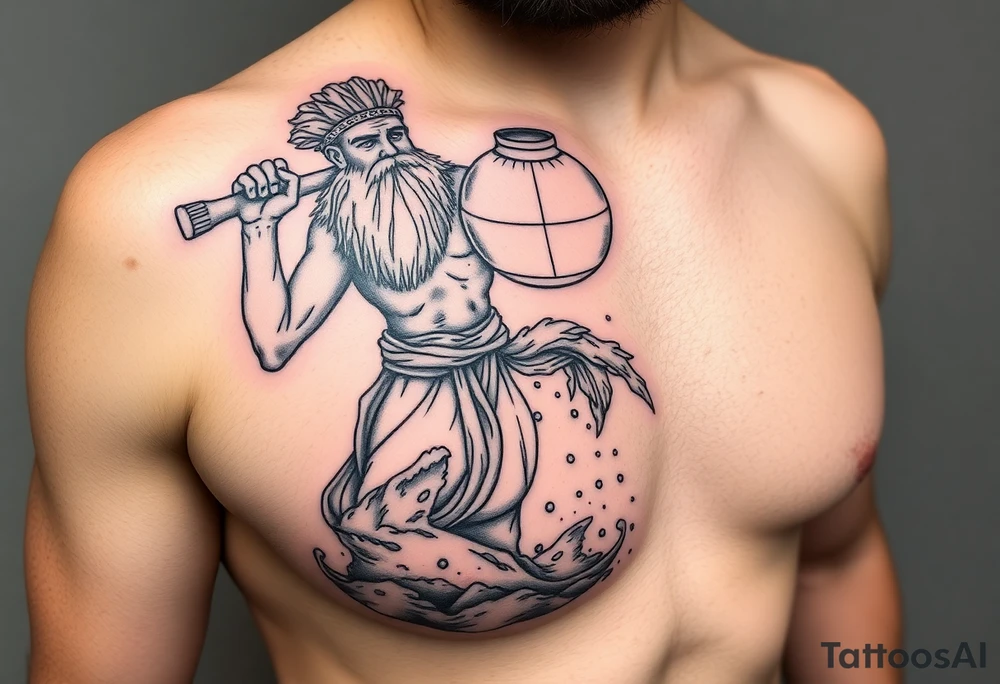 A large humanized god carrying a jar on his shoulder, from which it flows out of the water to create a marine environment tattoo idea