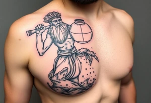 A large humanized god carrying a jar on his shoulder, from which it flows out of the water to create a marine environment tattoo idea