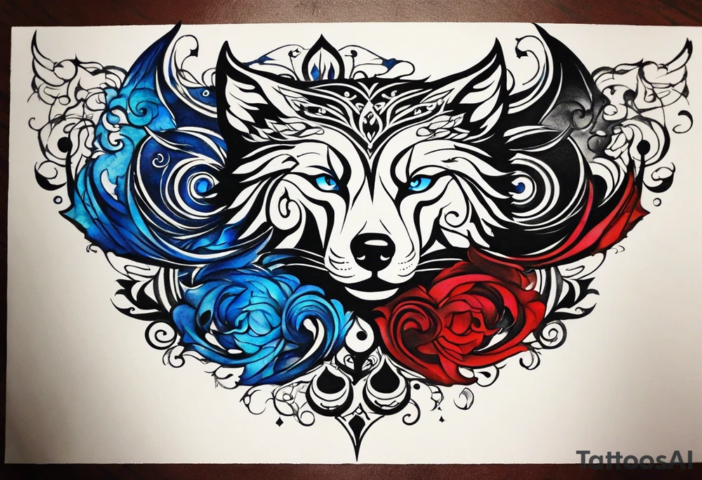a tattoo whose main theme is balance but also resembles new begining, strong willpower, peace and loyalty. This should be for the front part of the shoulder. maybe add the ying-yang symbol somewhere in the tattoo. Tattoo should have an equal amount of blue and red along with the overall tattoo being black. In corporate a wolf into the tattoo, make sure it resembles ing and yang. wolf needs to look dangerous tattoo idea