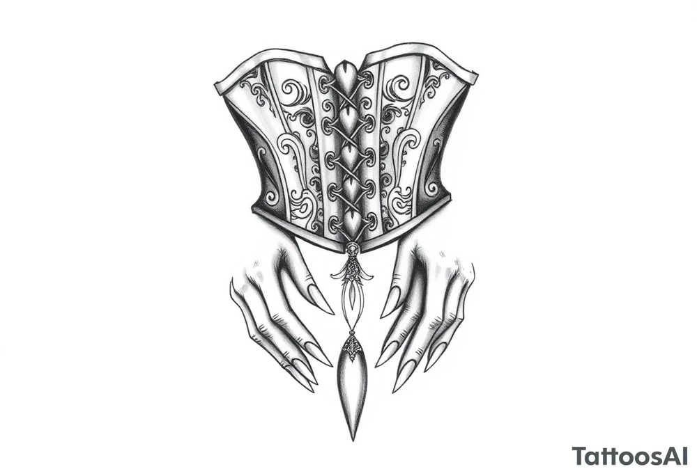 Corset, woman’s hands, long nails tattoo idea