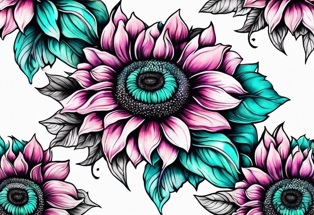 Teal, pink and purple sunflower sleeve tattoo idea