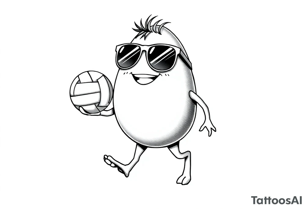 walking egg in sunglasses , holding a volleyball tattoo idea