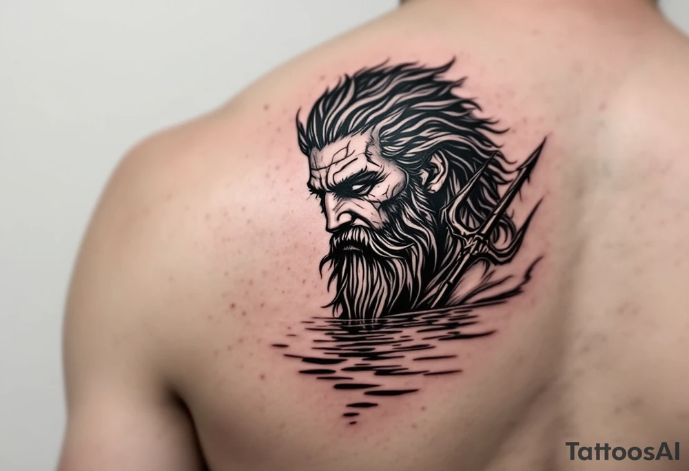 poseidon with trident half way in calm water tattoo idea