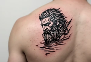 poseidon with trident half way in calm water tattoo idea