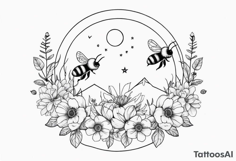 Bee, moon phases, flowers, fine line tattoo idea