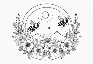 Bee, moon phases, flowers, fine line tattoo idea