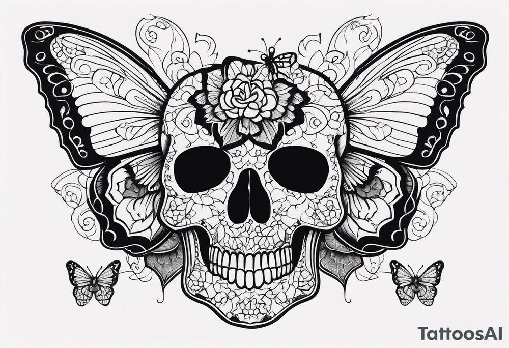 Lace-patterned skull with butterflies tattoo idea